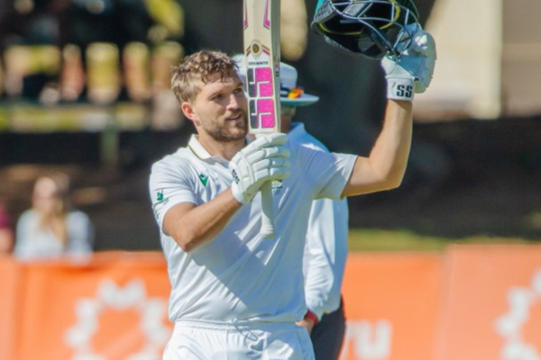 South Africa’s Wiaan Mulder raising his bat after scoring 367 runs during the second Test vs Zimbabwe at Queens Sports Club, Bulawayo