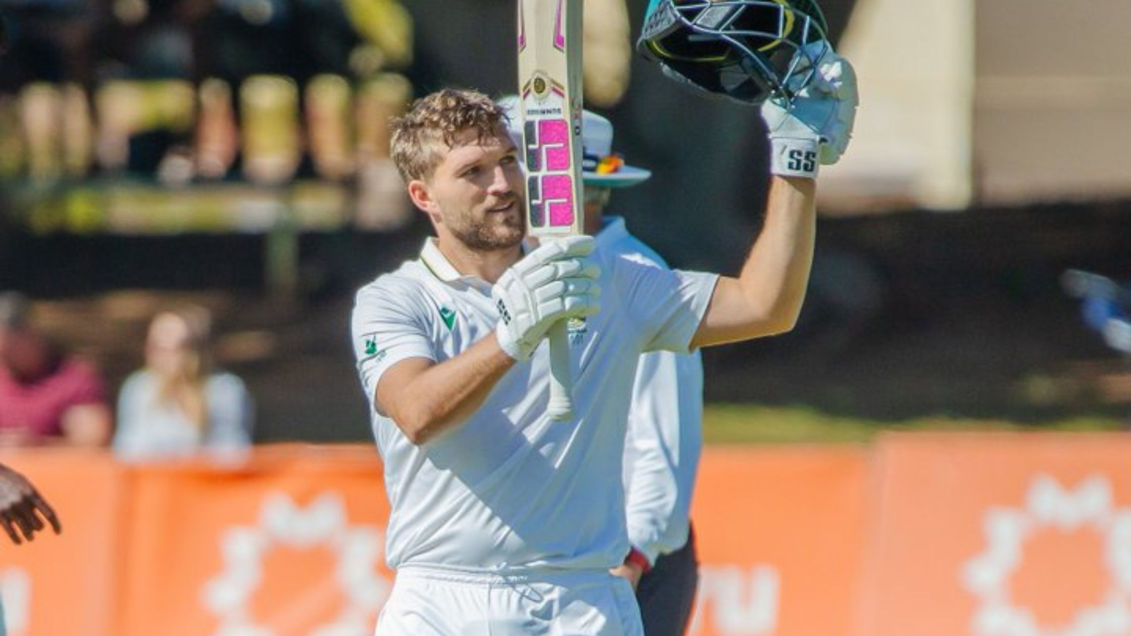 South Africa’s Wiaan Mulder raising his bat after scoring 367 runs during the second Test vs Zimbabwe at Queens Sports Club, Bulawayo