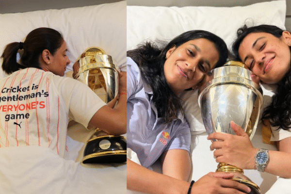 Smriti Mandhana, Harmanpreet Kaur, and Jemimah Rodrigues celebrating India’s 2025 Women’s Cricket World Cup victory.