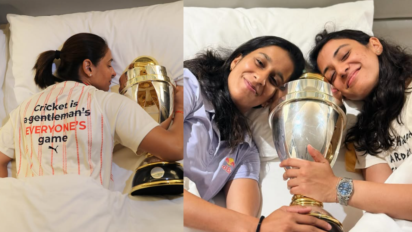 Smriti Mandhana, Harmanpreet Kaur, and Jemimah Rodrigues celebrating India’s 2025 Women’s Cricket World Cup victory.