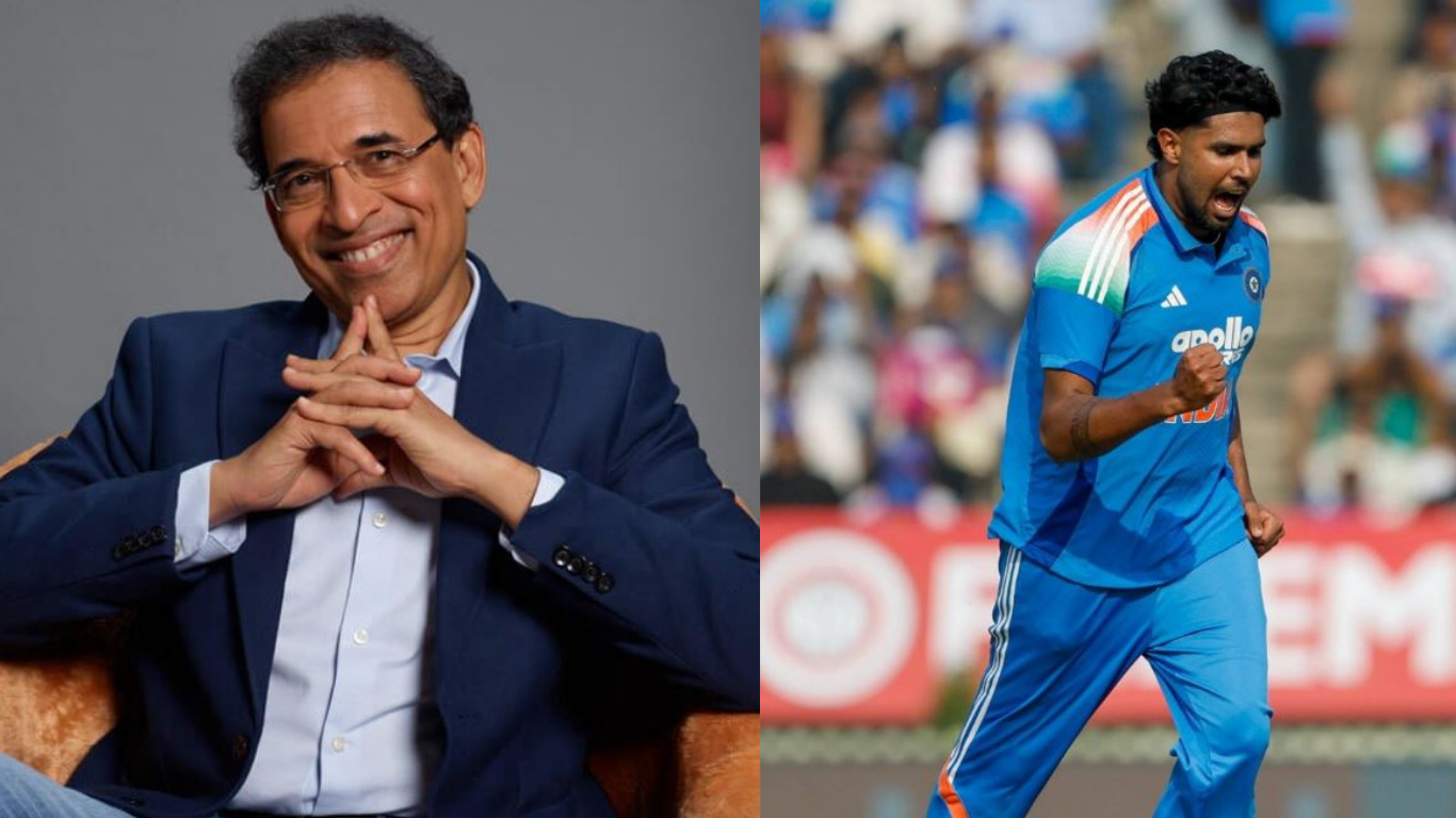 Harsha Bhogle speaking during commentary as Harshit Rana bowls in India vs New Zealand ODI